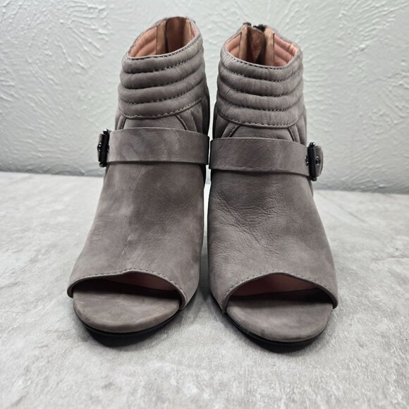 Peep Toe High Heel Boots Suede Gray Quilted Buckle Moto Dress Ankle Booties Sz 7 - Picture 3 of 12